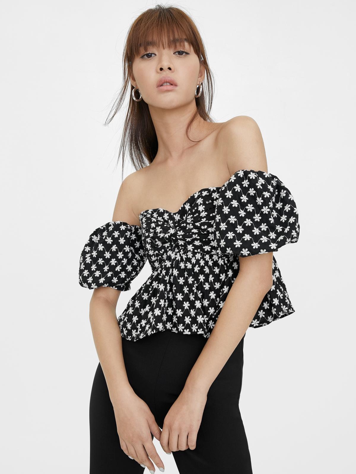 Off Shoulder Floral Top - Black
