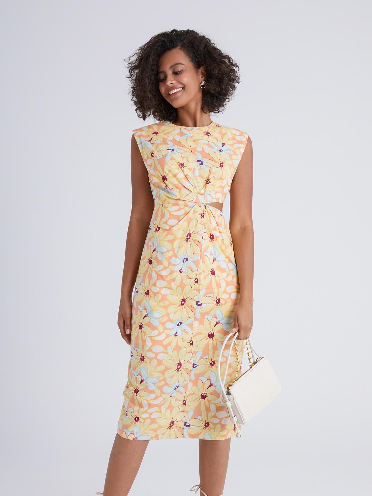 Floral Round Neck Dress - Yellow
