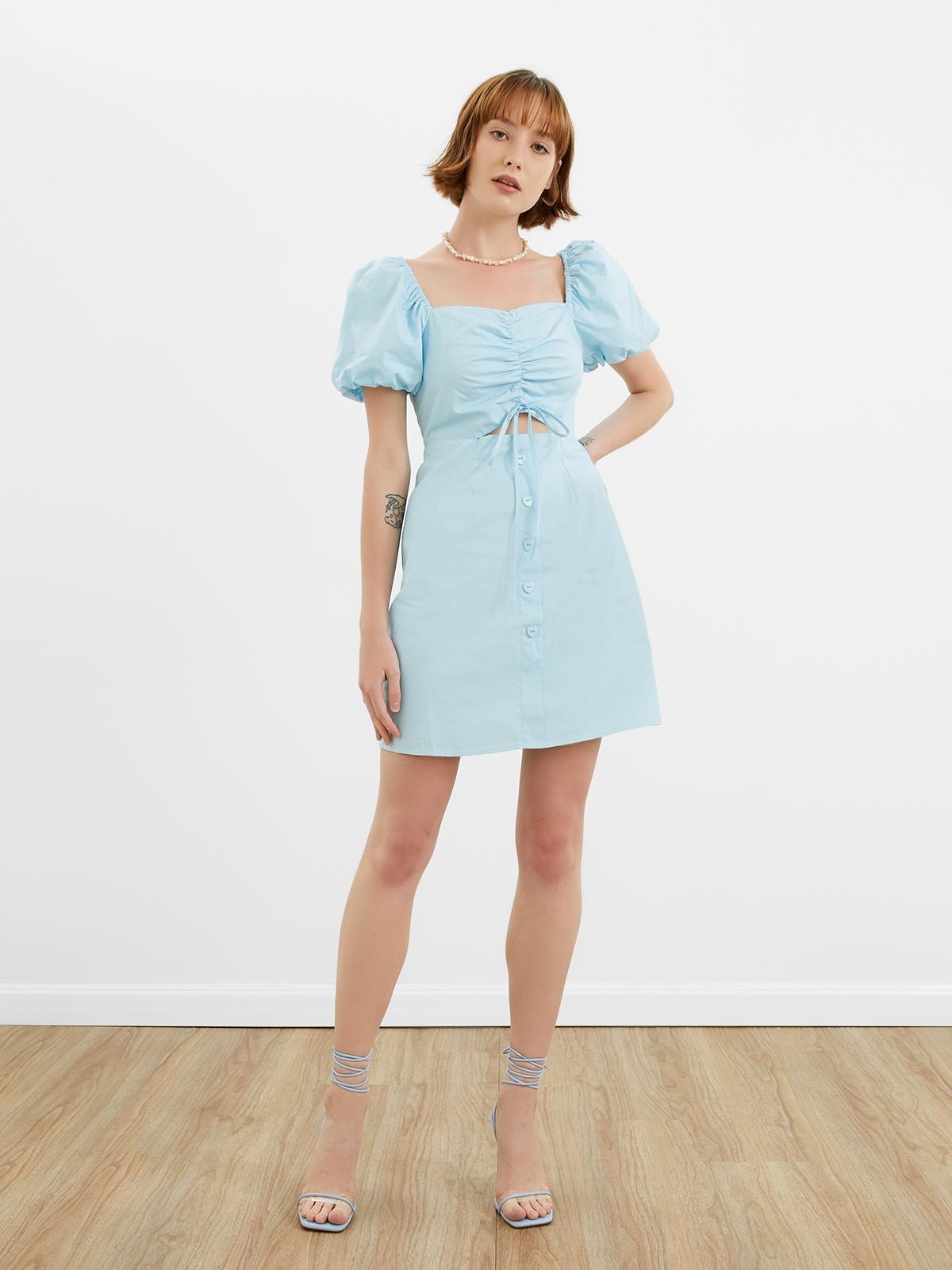 Button Up Cut Out Puffed Sleeve Mini Dress - Blue