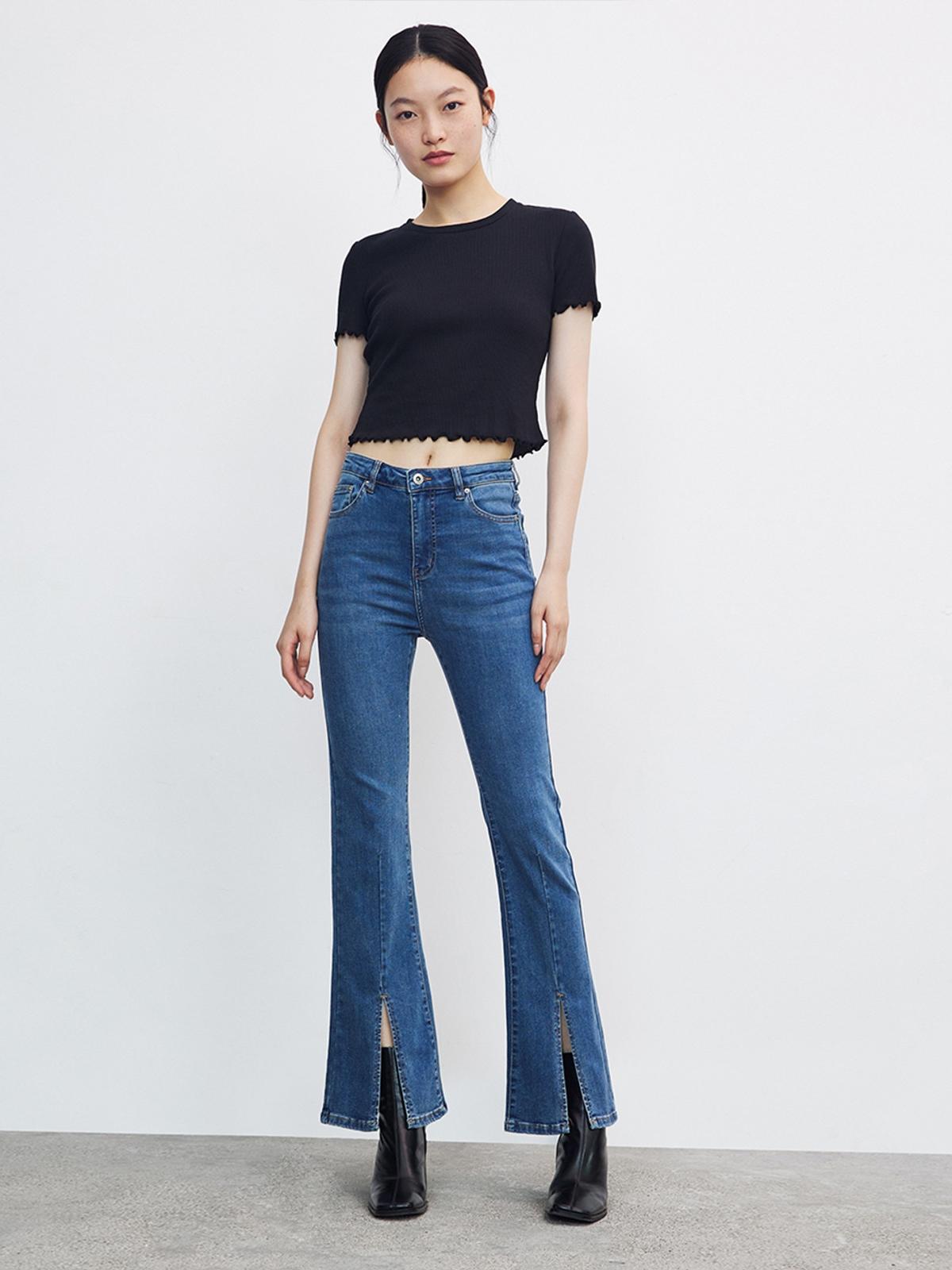 Split Hem Flare Leg Jeans - Blue