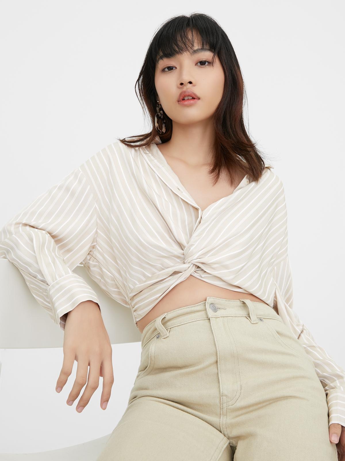 Front Knot Long Sleeve Shirt - Beige