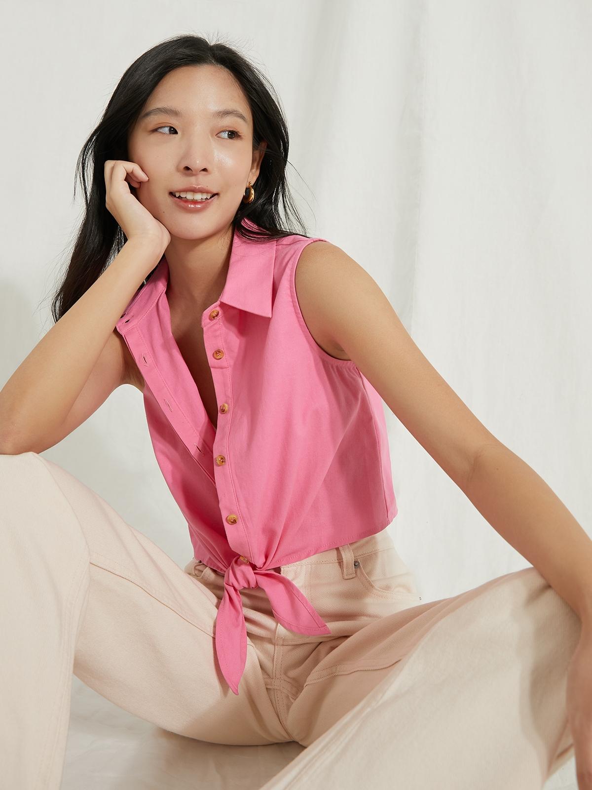 Front Tie Sleeveless Shirt - Pink