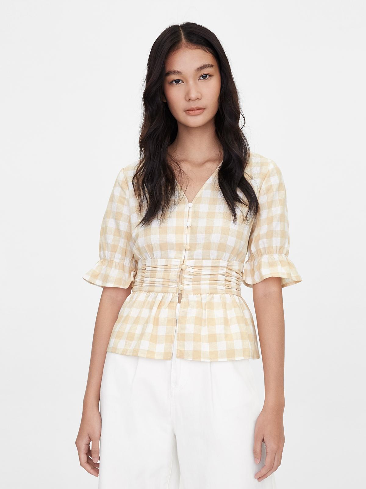 Purpose Gingham Cinched Blouse - Beige