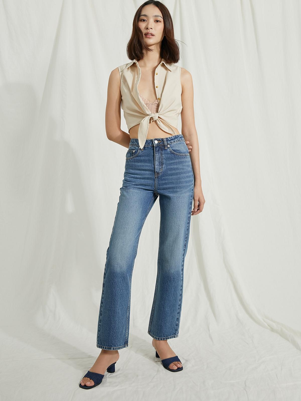 Front Tie Sleeveless Shirt - Beige