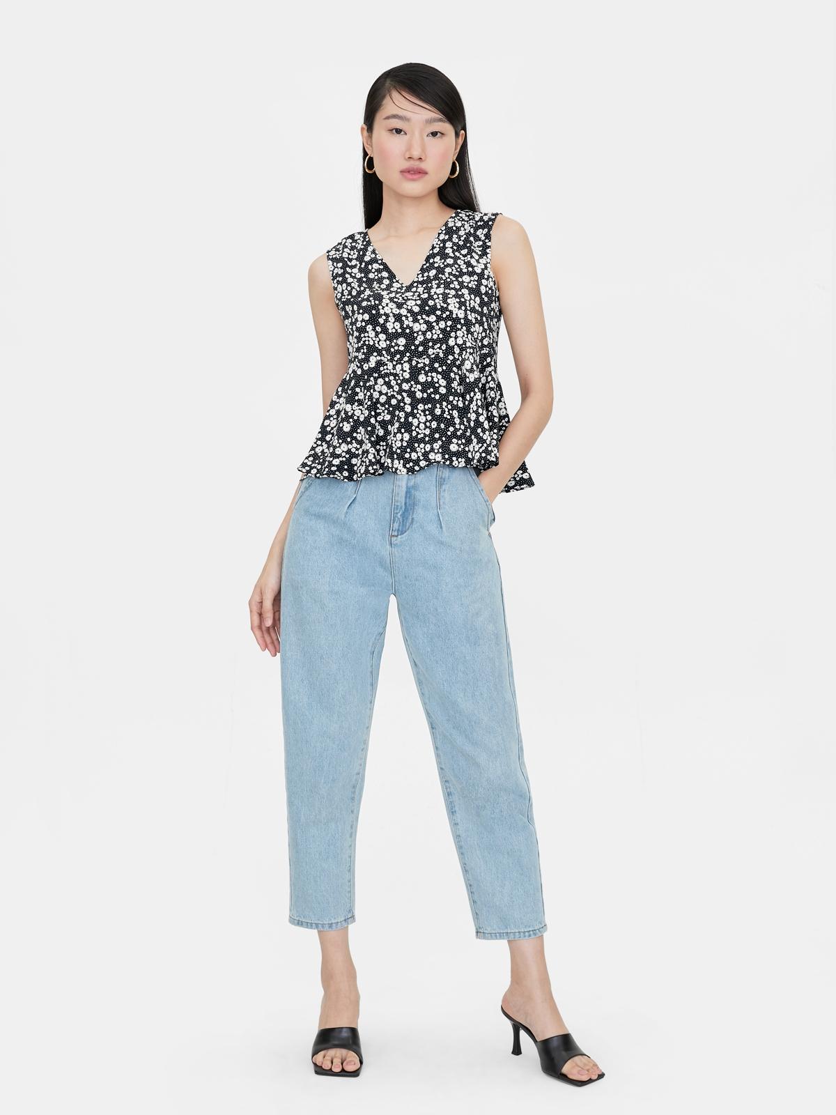 Floral Ruffle Sleeveless Top - Black