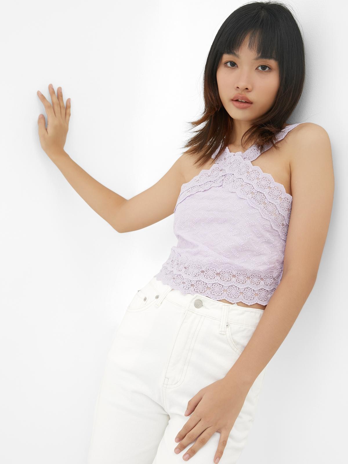 Halter Neck Lace Crop Top - Purple