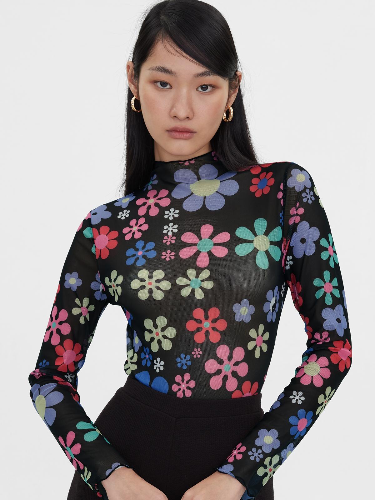 Sheer Flower Print Long Sleeve Bodysuit - Black