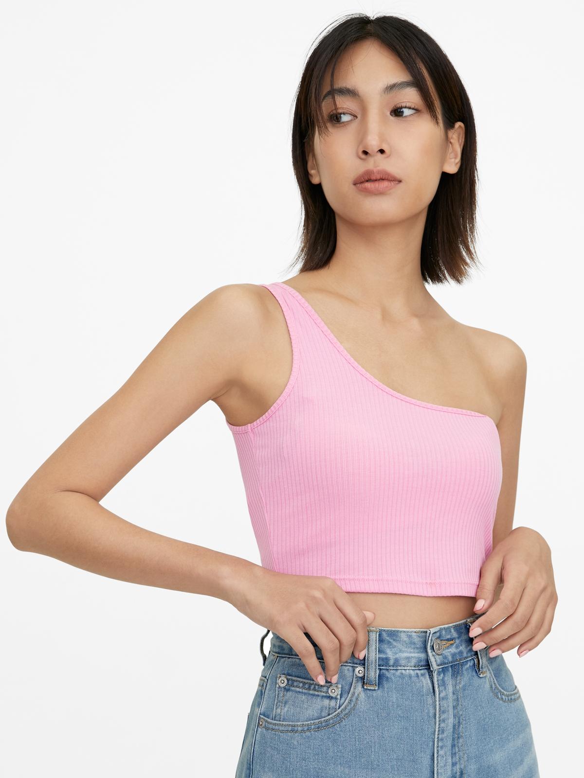 Ribbed One Shoulder Crop Top - Pink