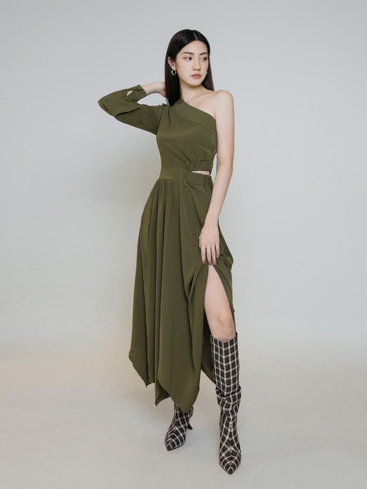One-Shoulder Midi Dress - Green