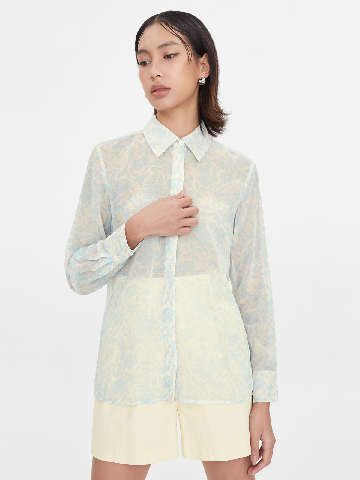 Leaf Print Semi Sheer Shirt - Blue