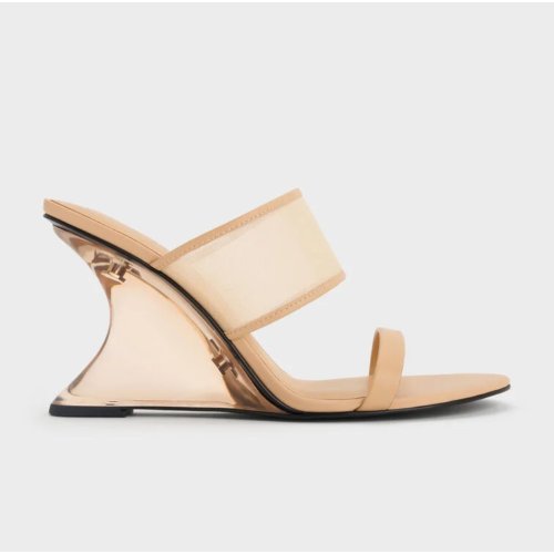  Mesh Sculptural-Heel Wedges - Nude 
