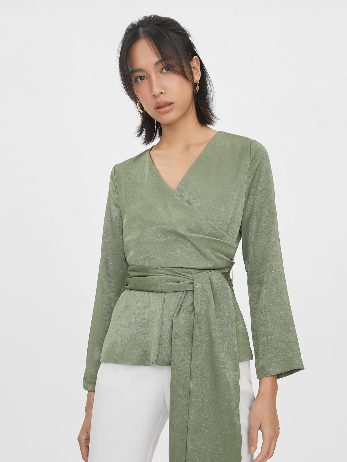 Side Wrap Obi Belt Blouse - Green