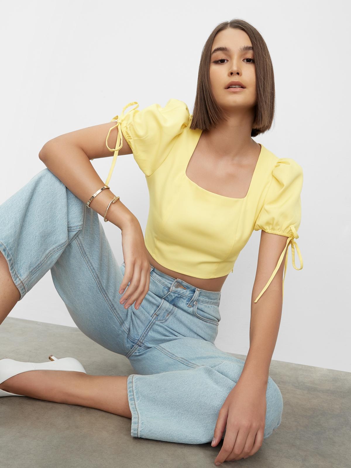 Puff Tied Sleeve Crop Blouse - Yellow