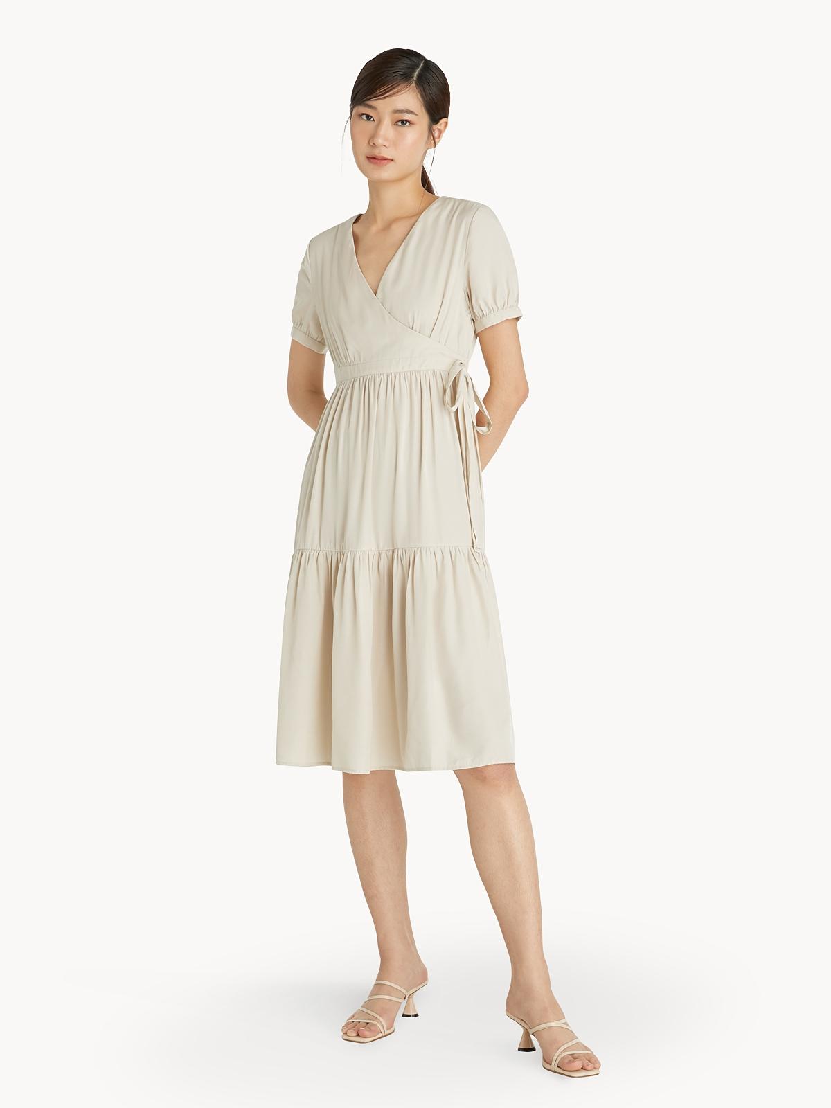 Tiered Surplice Dress - Cream