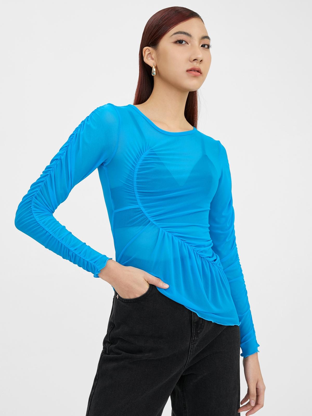 Ruched Frill Hem Sheer Top - Blue
