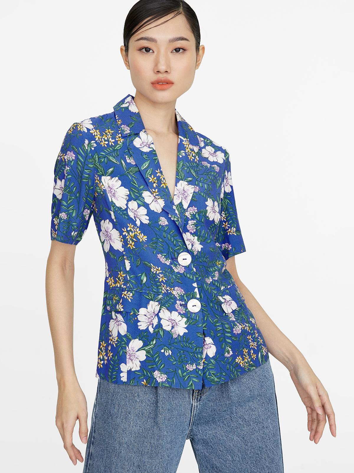 Floral Double Button Blazer - Blue