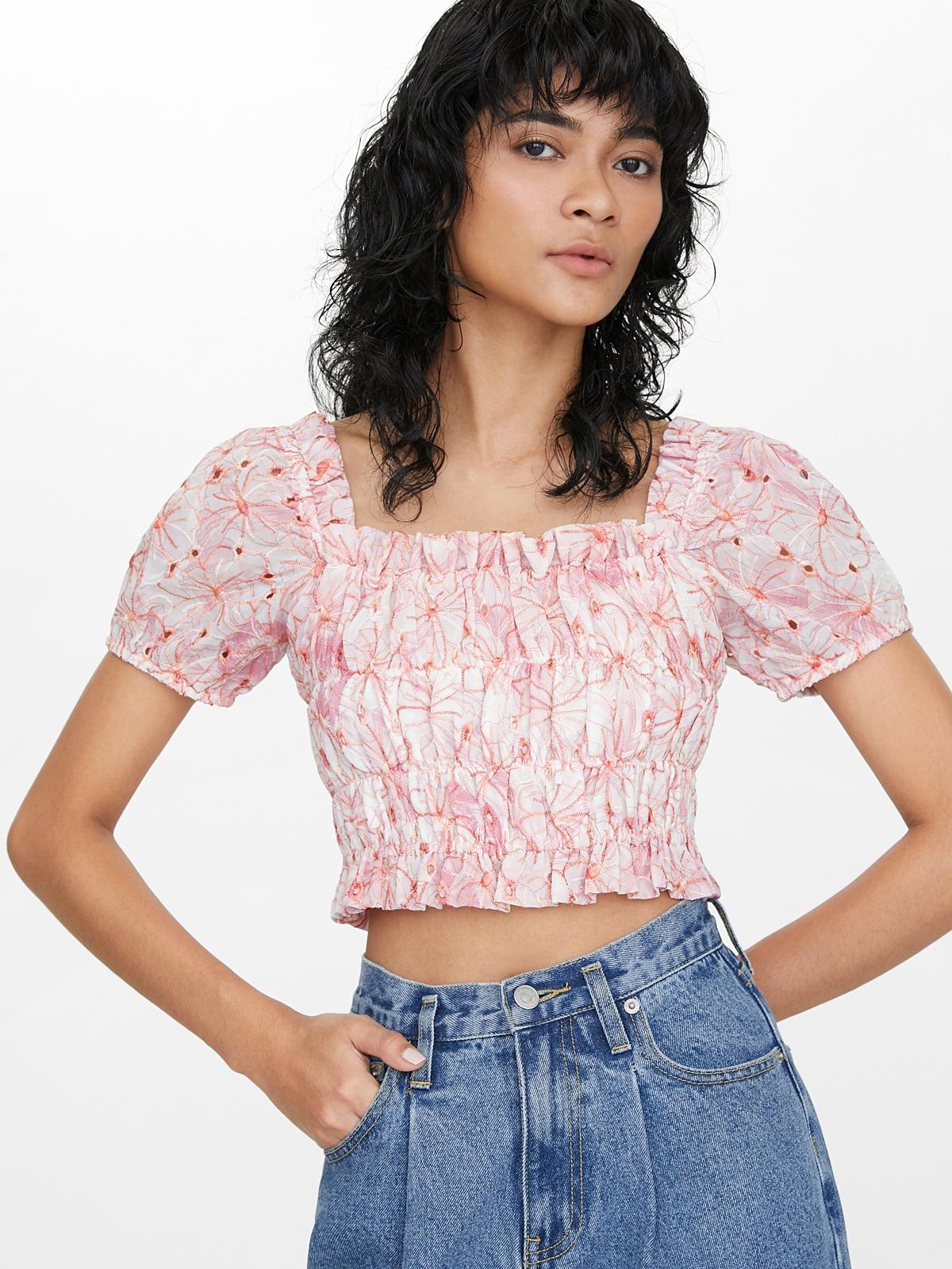 Floral Stitch Smocked Top - Pink