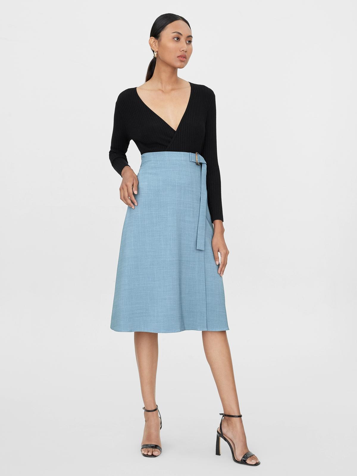Side Slit Buckle Belted Flare Skirt - Green