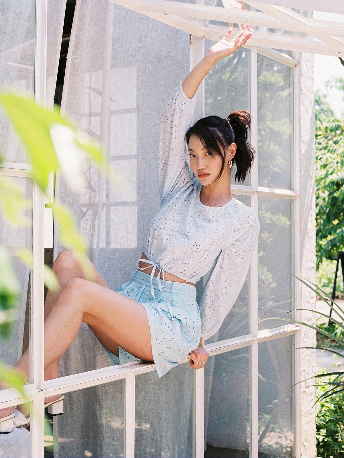 Front Bow Eyelet Blouse - Blue