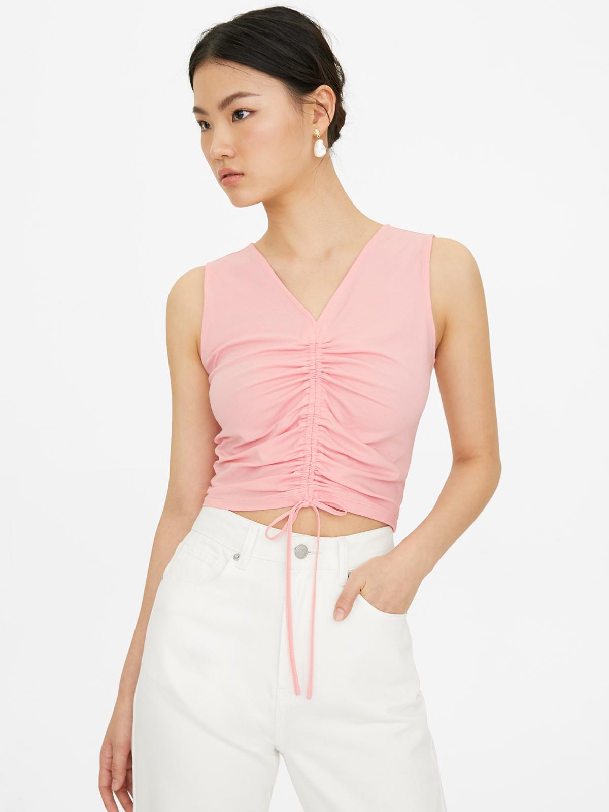 Sleeveless Knit Drawstring Crop Top - Pink