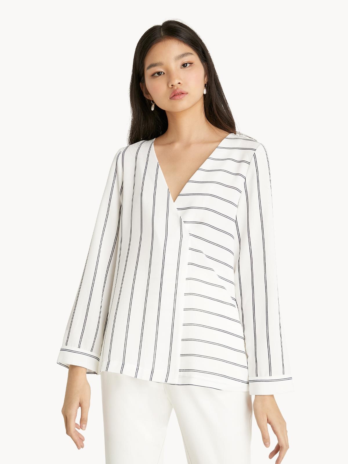 Striped Surplice Shirt - White