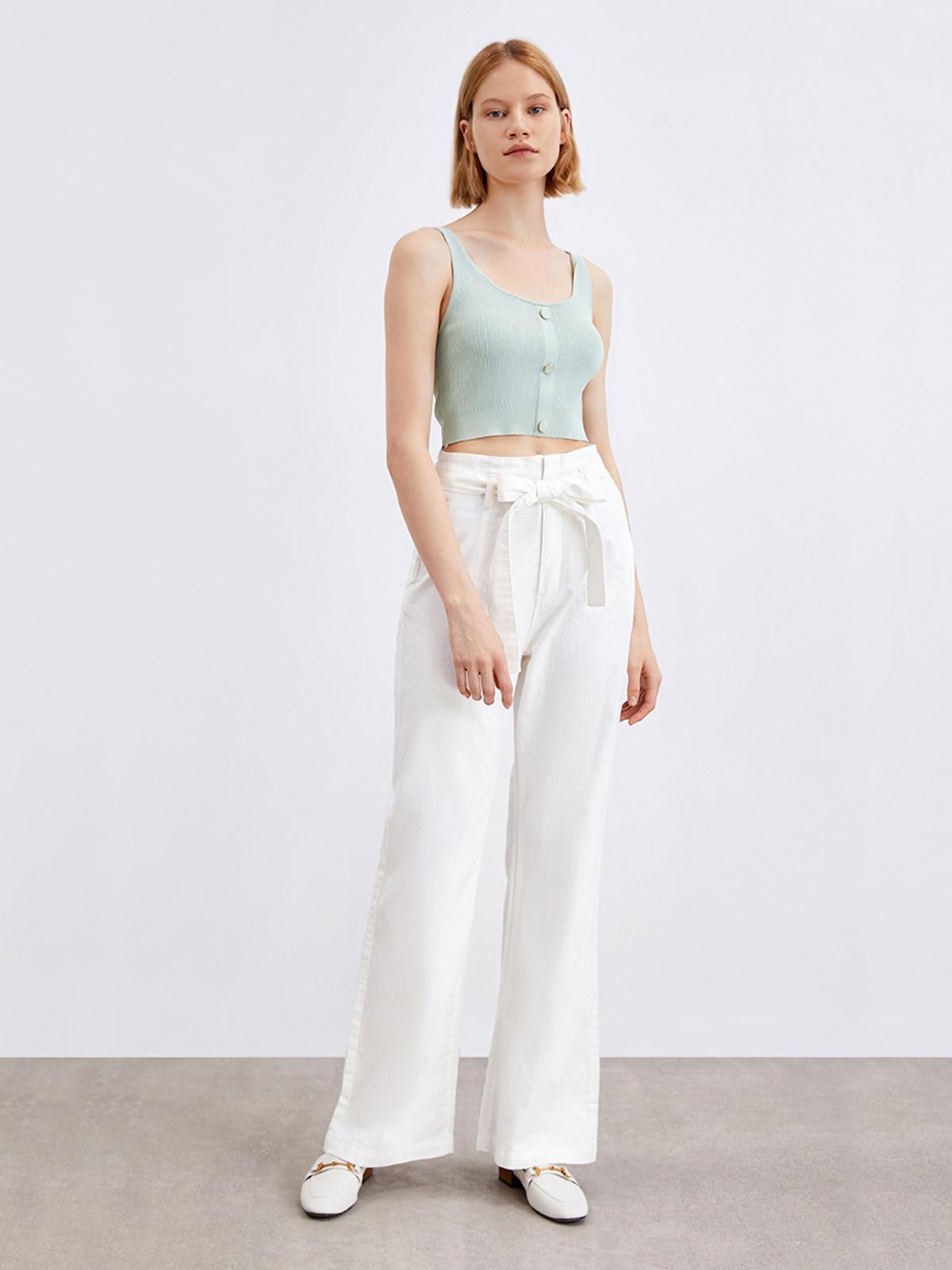 High Waisted Front Tie Pants - Ivory