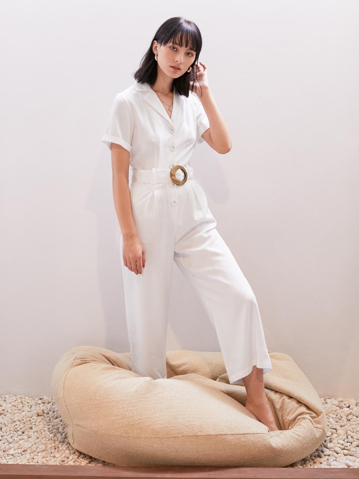 Sustainable Purpose Short Sleeve Belted Jumpsuit - White