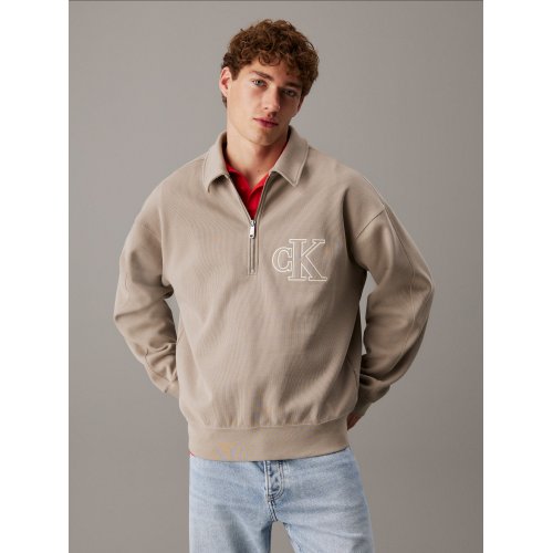  Rib Knit Logo Applique Zip Polo