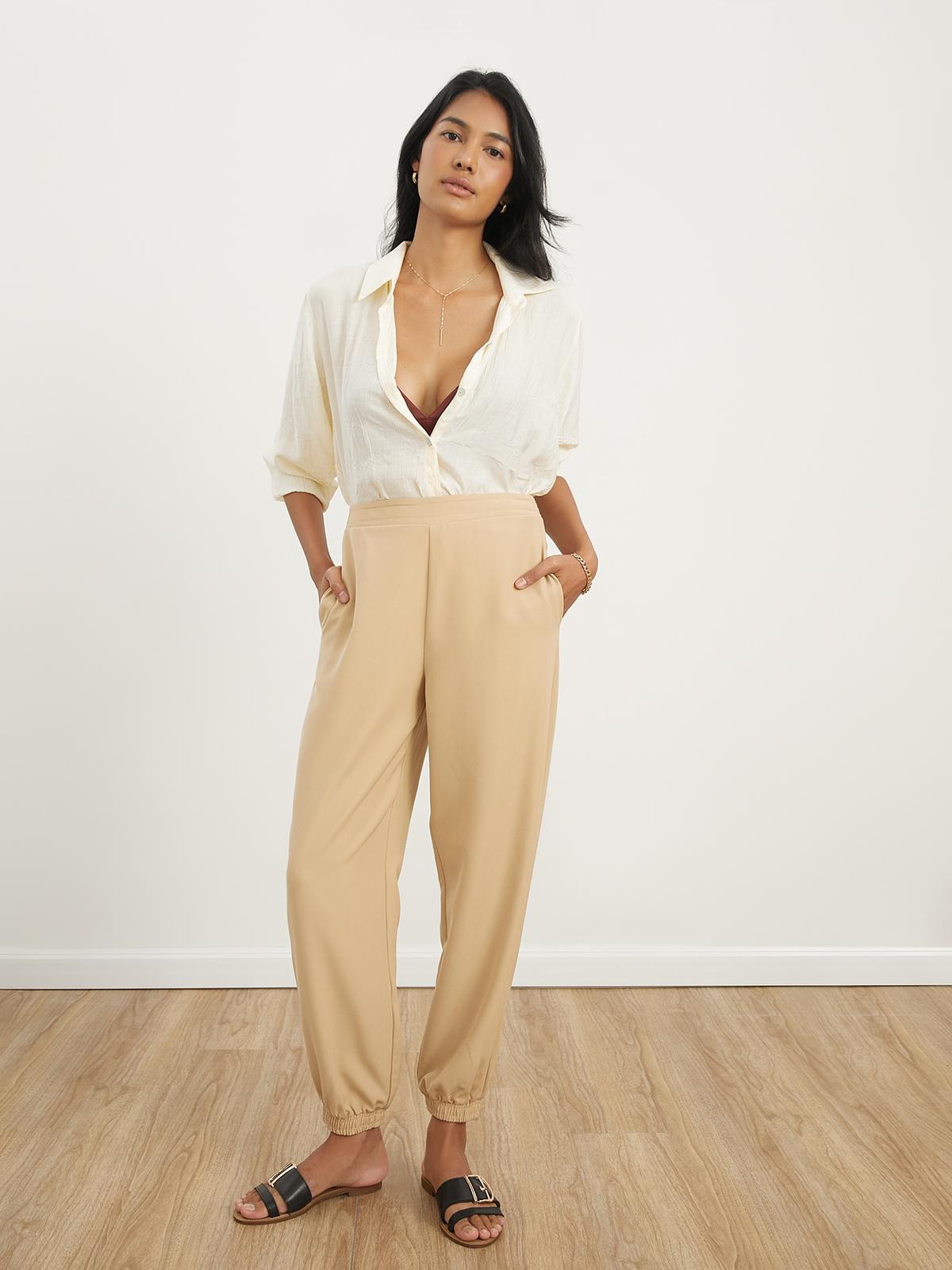 High Waist  Tapered Pants - Beige