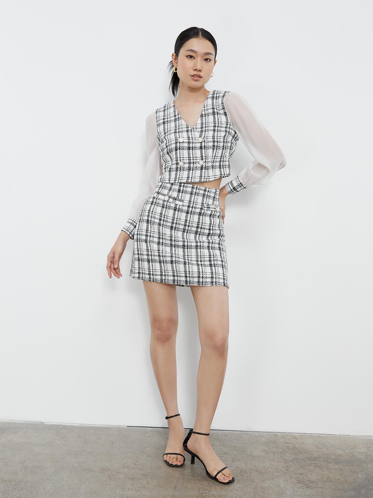 Windowpane Checked Mini Skirt - White