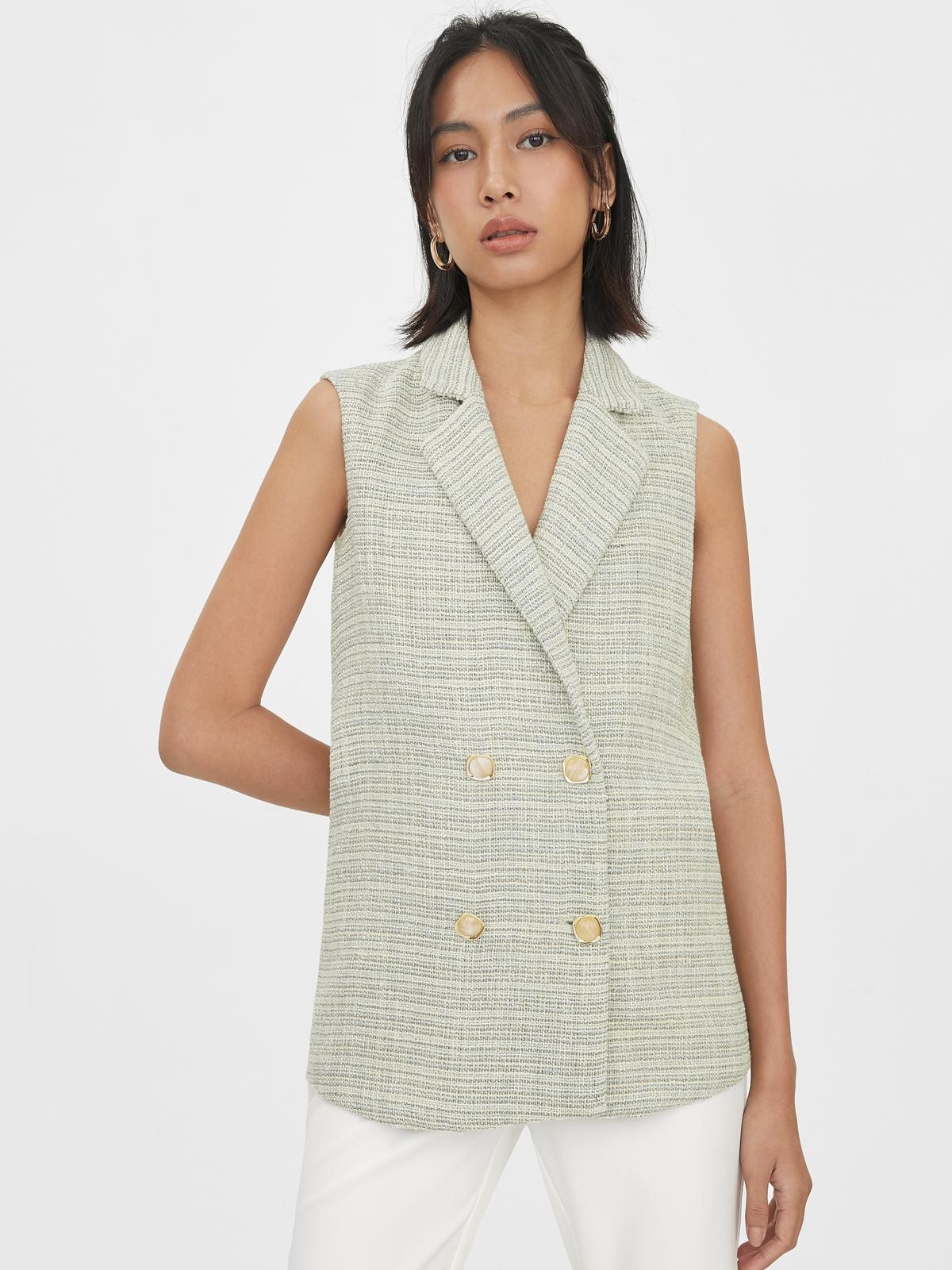 Tweed Buttoned Sleeveless Vest - Blue