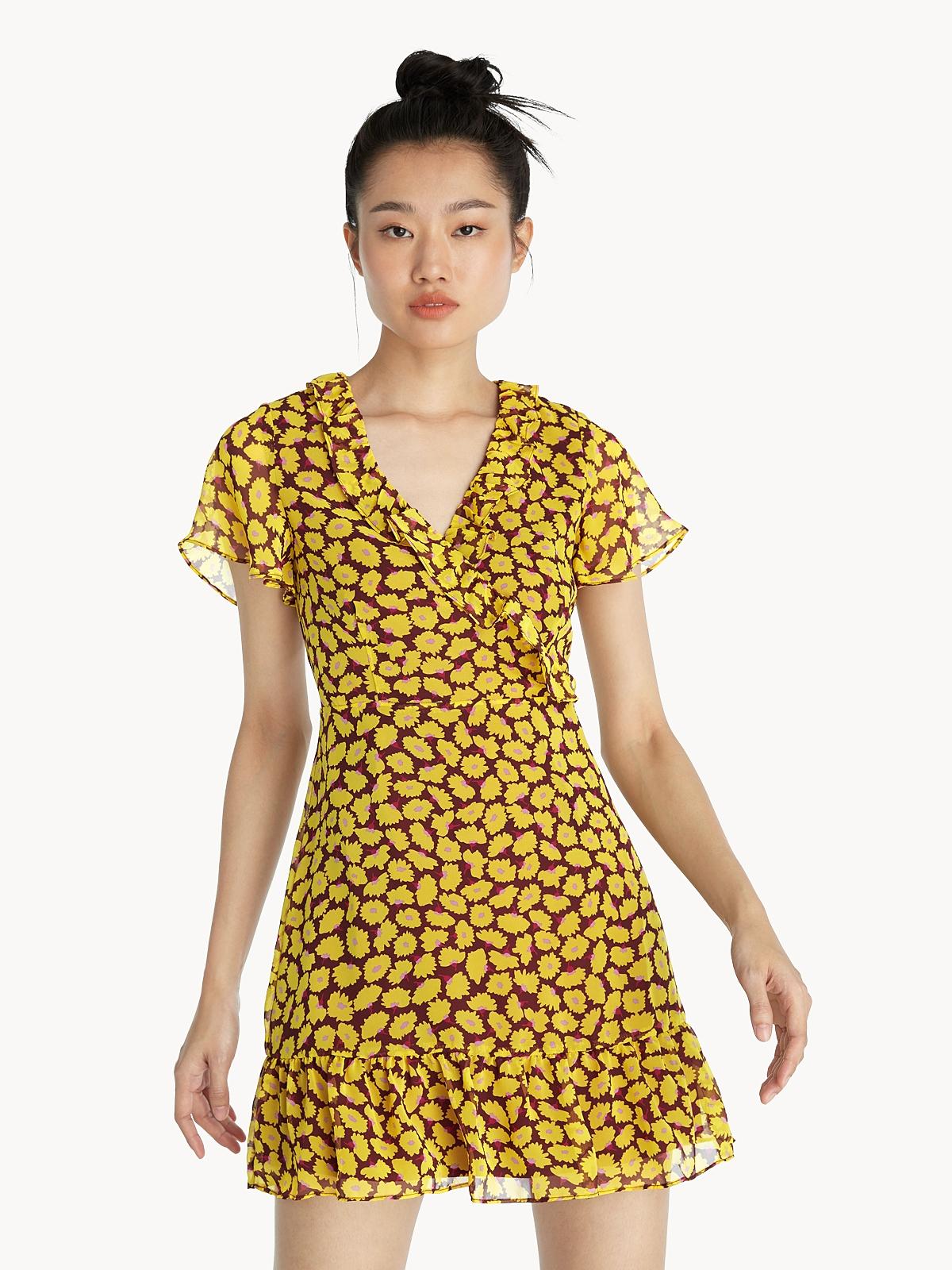 Mini Surplice Floral Dress - Yellow