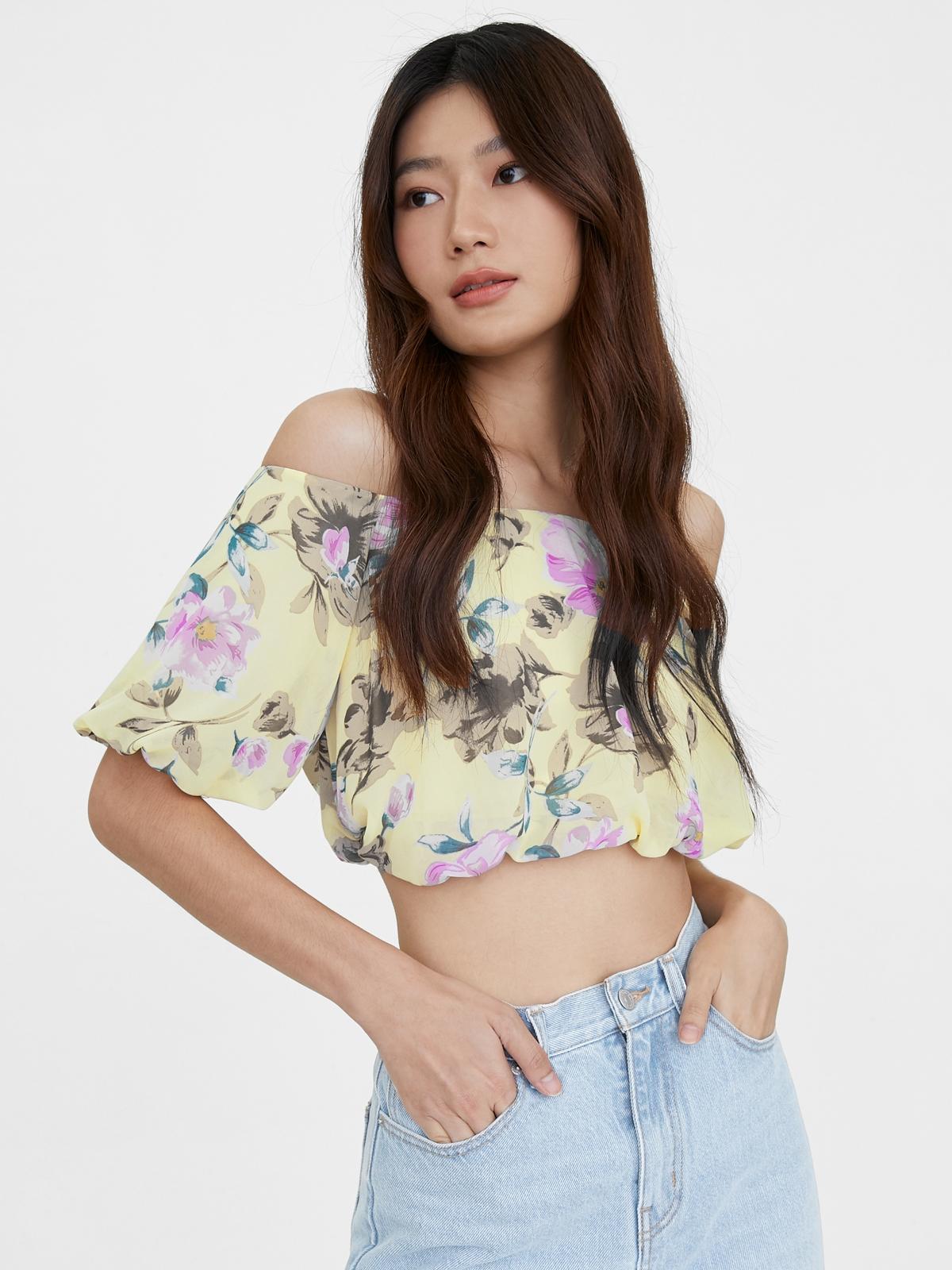 Puffed Floral Off Shoulder Crop Top - Yellow