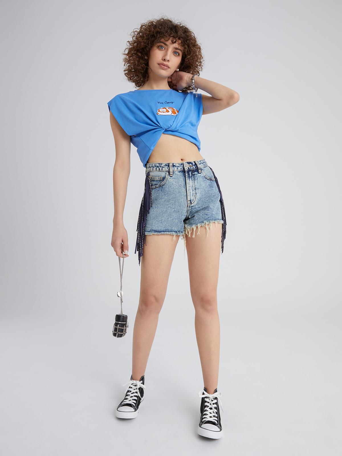 Fringe Trim Denim Shorts - Light Blue