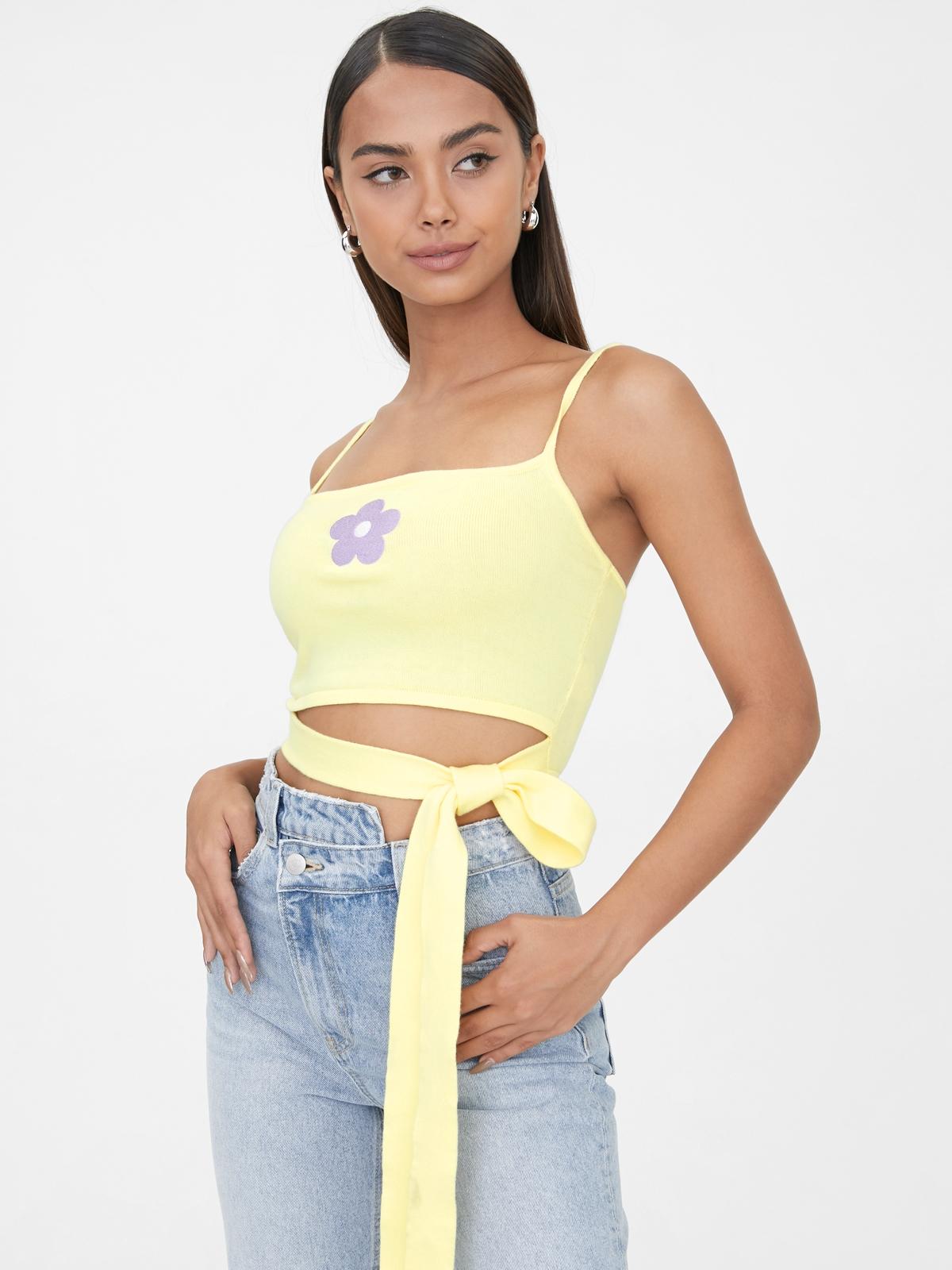 Waist Tie Flower Tank Top - Yellow
