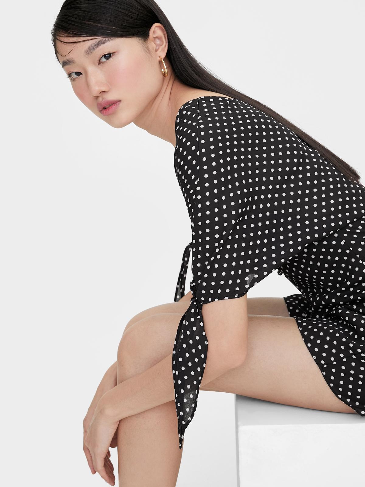 V Neck Polka Dot Romper - Black