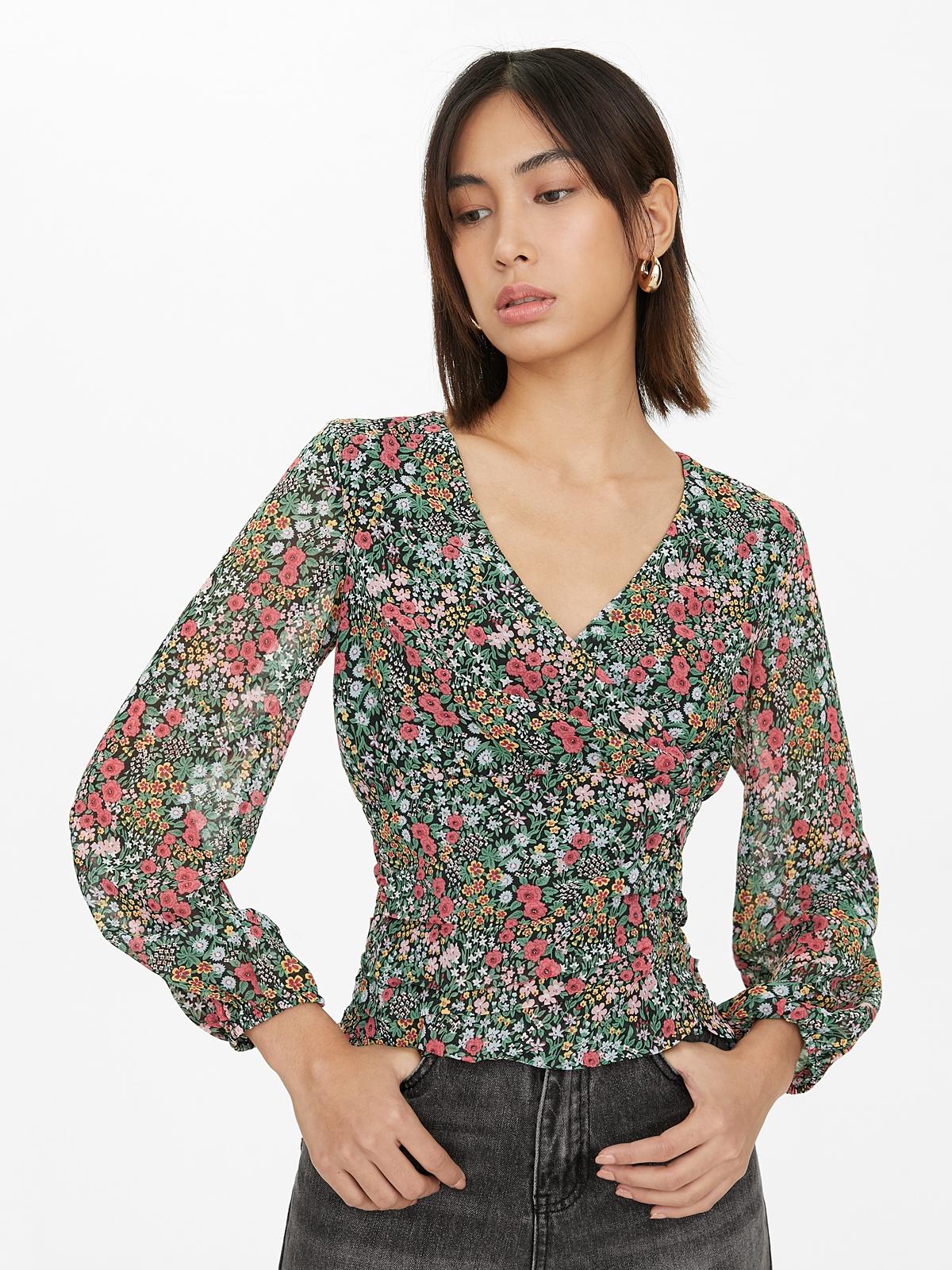Floral V Neck Blouse - Black