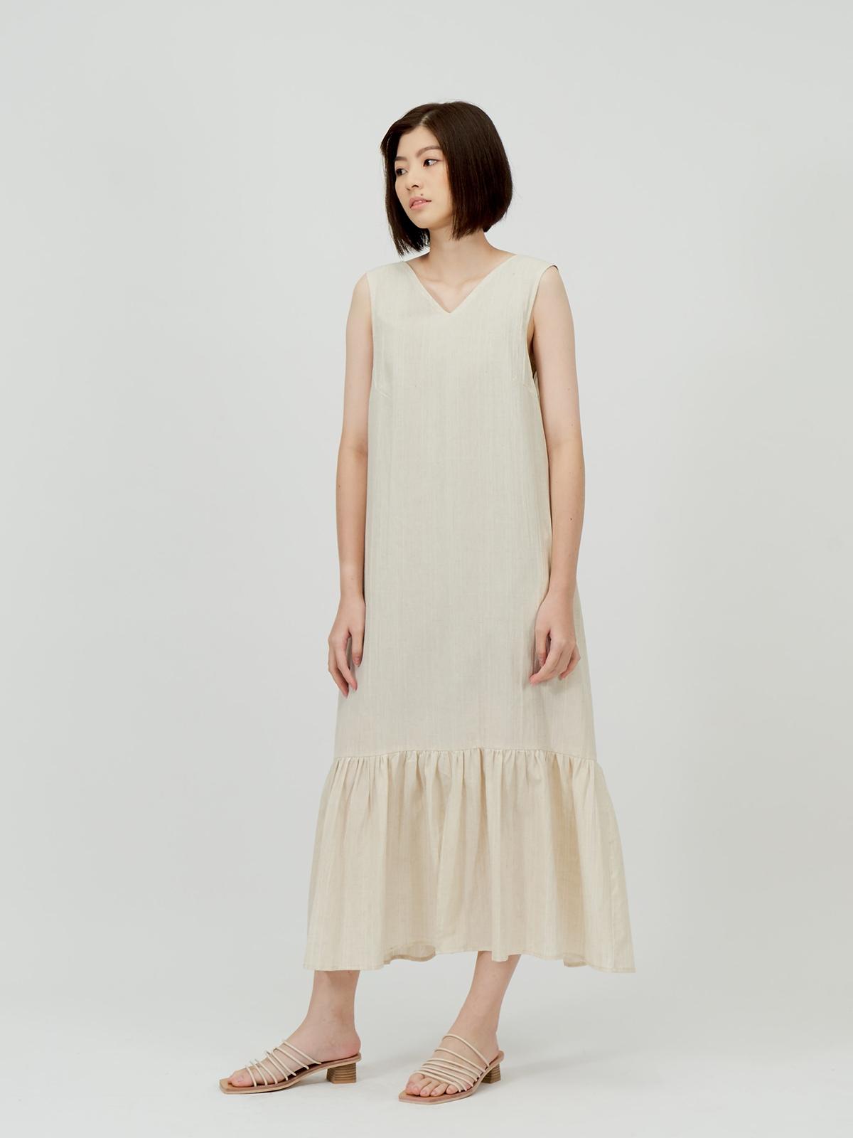 V Neck Tiered Long Dress - Light Beige