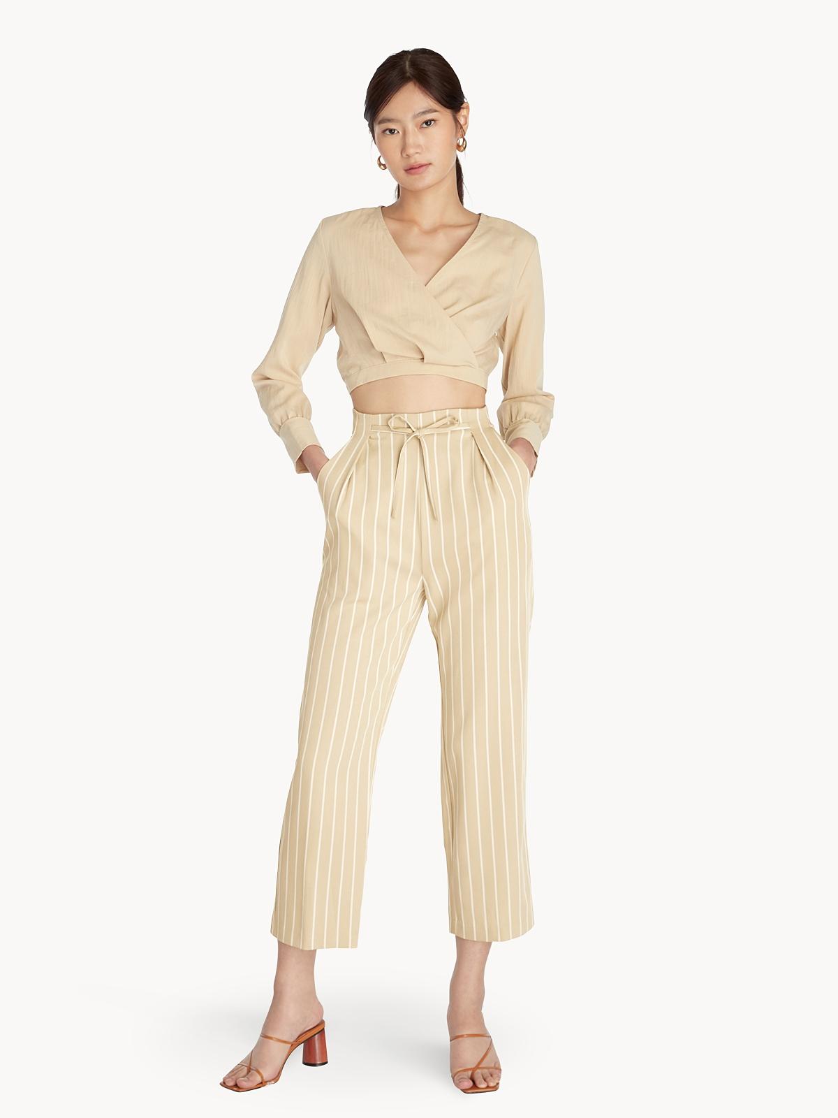 High Waist Tied Stripe Pants - Cream