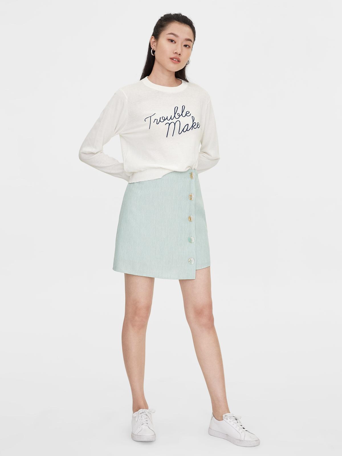 Side Buttoned A Line Skirt - Blue