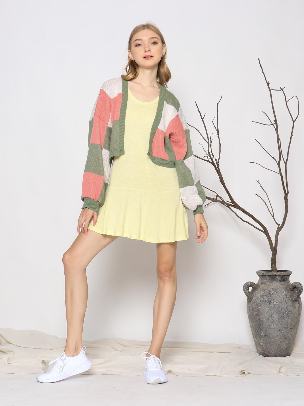 Pepito Zia Checkered Knit Crop Cardigan - Peach/Mint Green