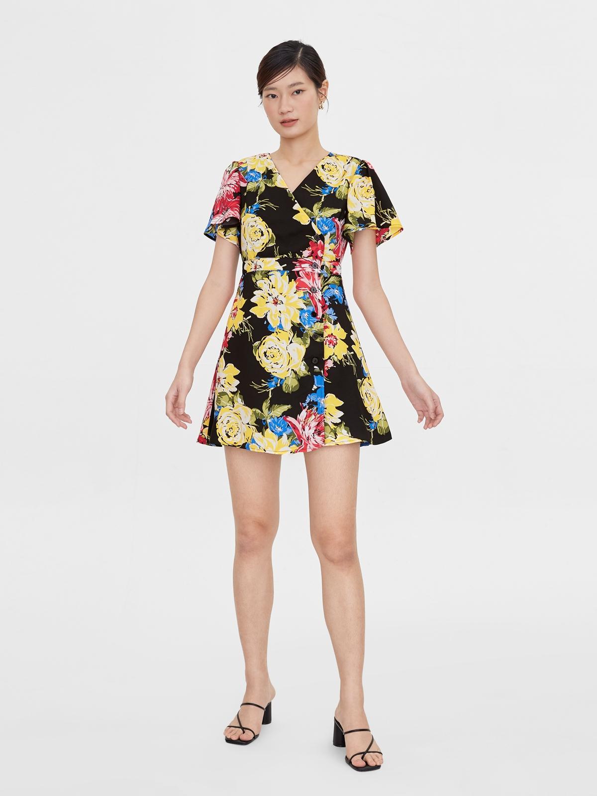 Side Button Up Floral Dress - Black