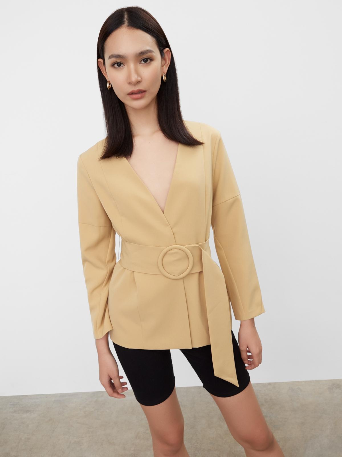 Belted Round Buckle Blazer - Beige