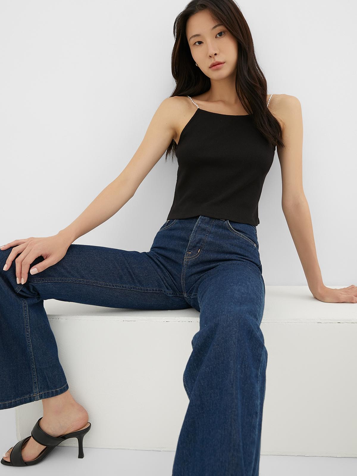 Sustainable Beaded Strap Tank Top - Black