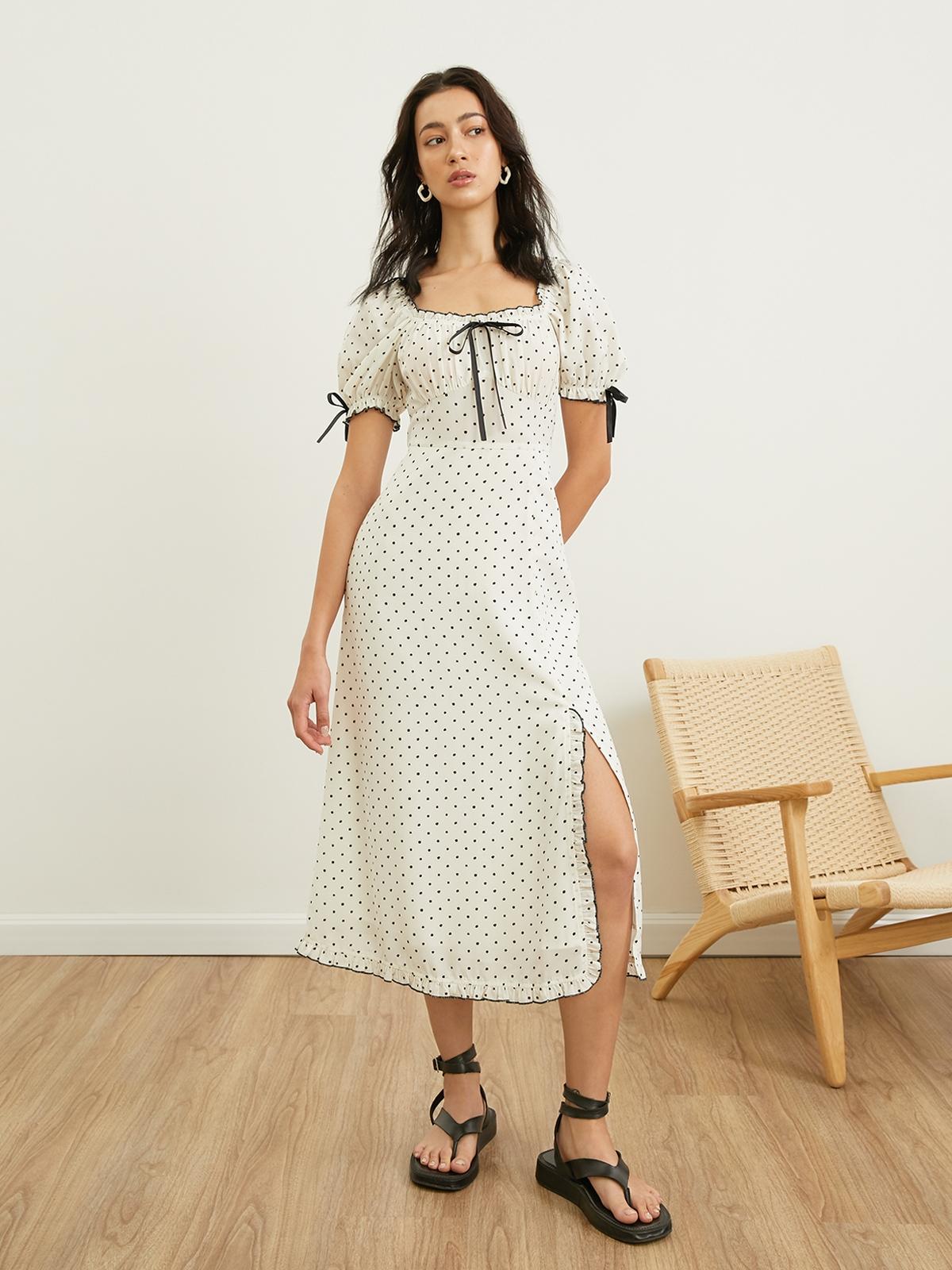 Polkadot Bow Puffed Sleeve Dress - White