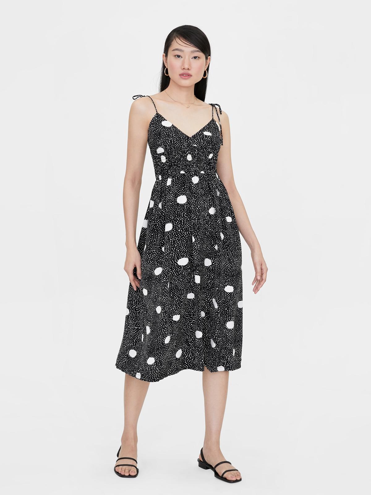 Polka Dot Tied Shoulder Dress - Black