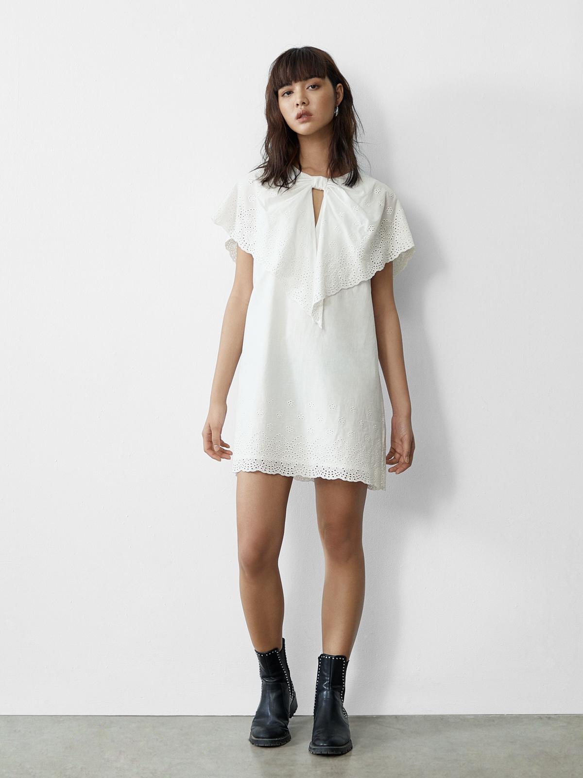 Eyelet Neck Accent Dress - White
