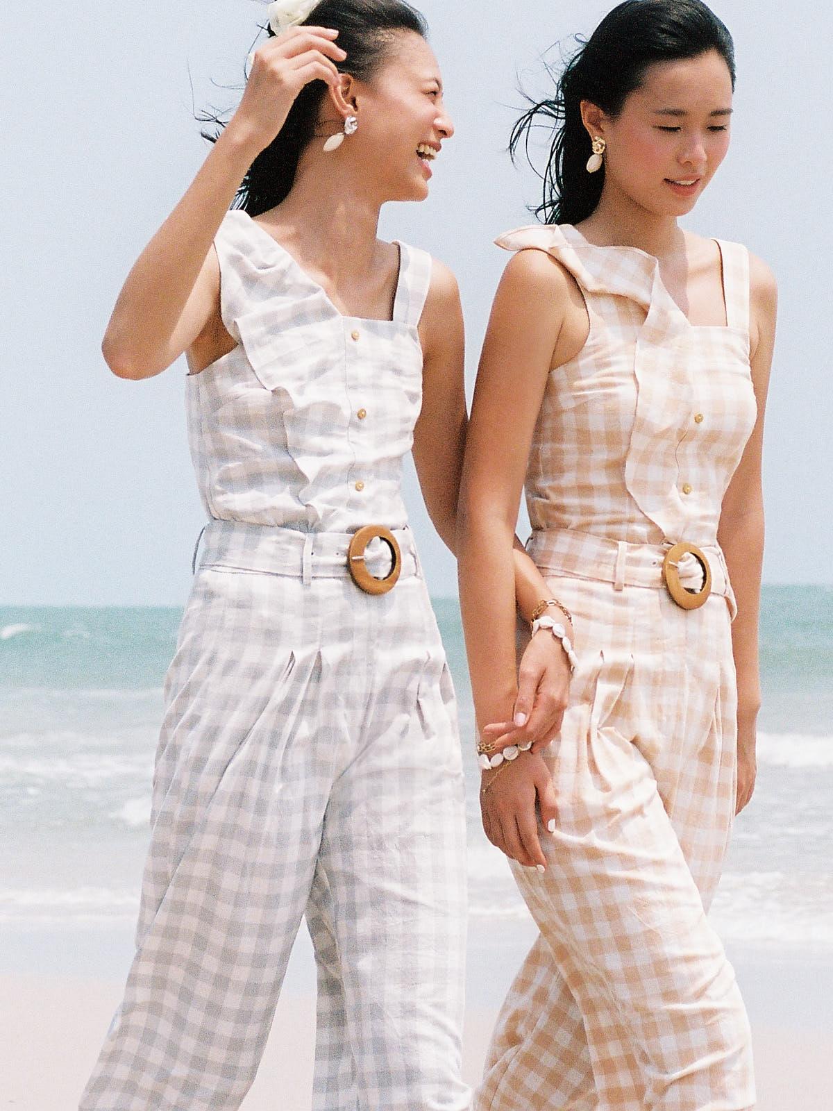 Purpose Side Ruffle Gingham Tank - Light Grey