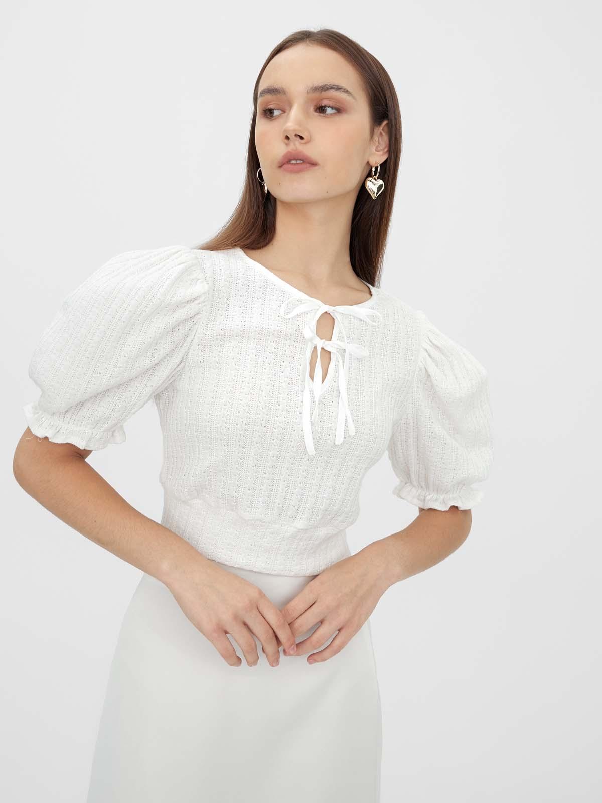 Tie-Front Puffed Sleeve Crop Top - White