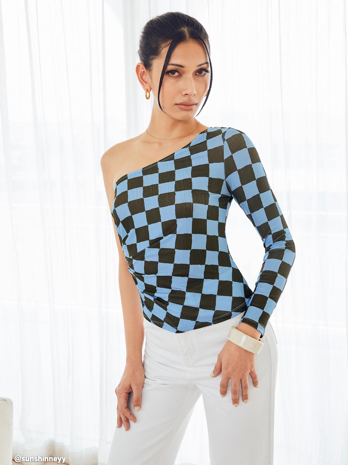 Checkered One Shoulder Long Sleeve Top - Brown